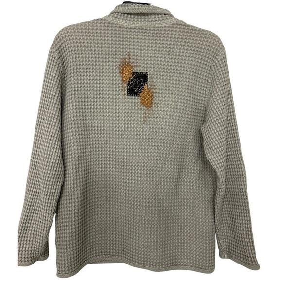 Focus Casual Life Gray Cotton Waffle Knit Embroidered Painted Cardigan Sweater S - Picture 2 of 12